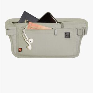 LewisNClark Unisex, RFID Waist Stash, Taupe, 
Two zippered compartments.